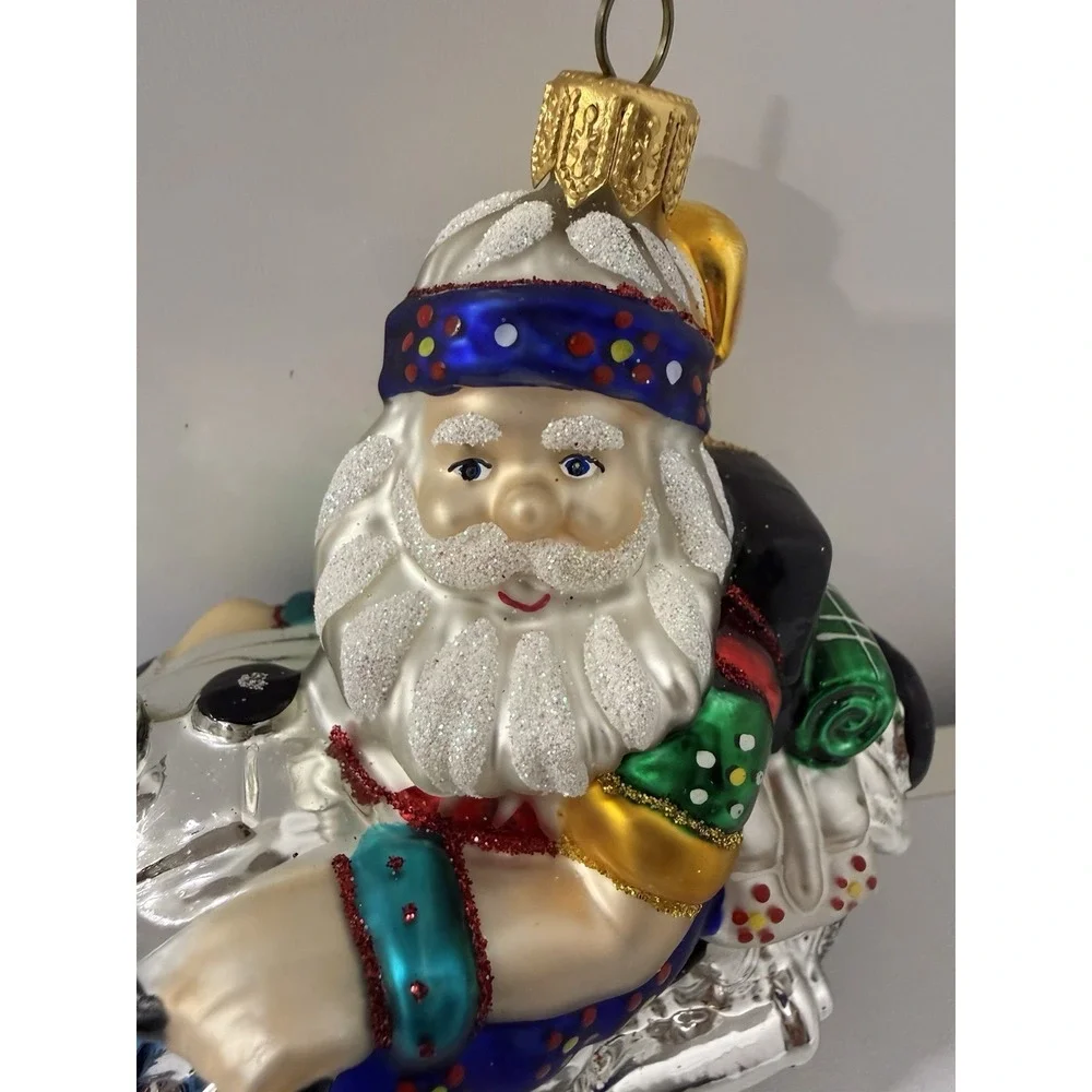 Max Glass Santa Claus Riding Motorcycle Blown Glass Christmas Ornament Poland